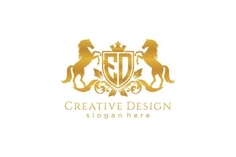 Initial ED Retro golden crest with shield and two horses, badge template wi.. Stock Illustration