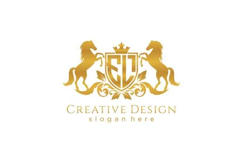 Initial EL Retro golden crest with shield and two horses, badge template wi.. Stock Illustration