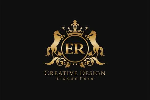 Initial ER Retro golden crest with circle and two horses, badge template wi.. Illustrazione stock