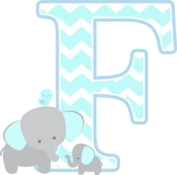 Initial f with cute elephant and little baby elephant isolated on white backg Stock Illustration