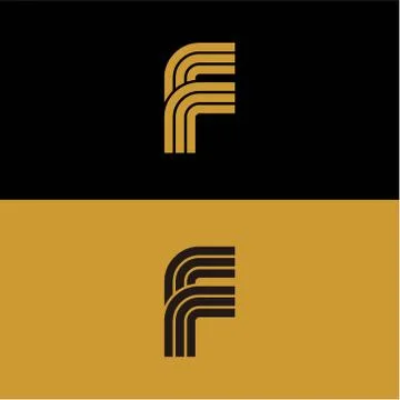 Initial F letter monogram linear pattern, gold and black parallel lines creat Illustrazione stock