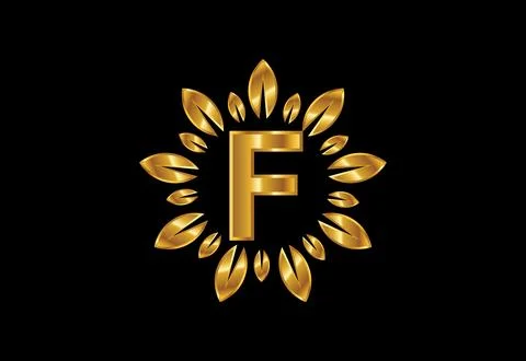 Initial F monogram letter alphabet with golden leaf wreath.Flower logo desi.. Stock Illustration