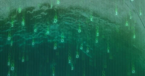 Initial faint binary digits appearing near top, cascading over teal water, Video stock 315558165