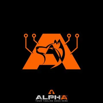 Initial A font head dog wolf animal wild dot tech fox predator alpha monogram Stock Illustration