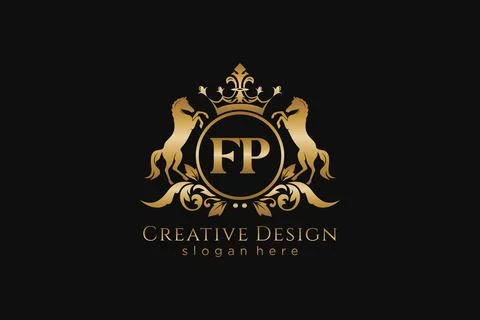Initial FP Retro golden crest with circle and two horses, badge template wi.. Stock Illustration
