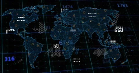 On initial frame shift 3D world map animating adding glowing numbers hexes Stock Footage 329575497