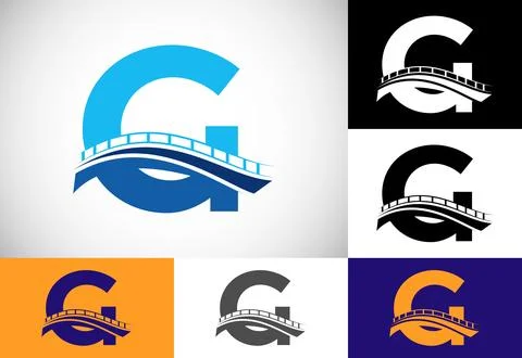 Initial G monogram letter alphabet with bridge sign. Abstract bridge logo d.. Ilustración de archivo