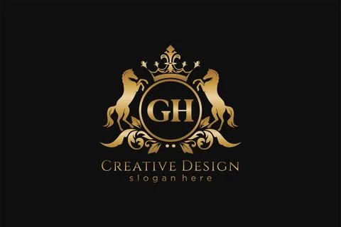 Initial GH Retro golden crest with circle and two horses, badge template wi.. Stockillustratie