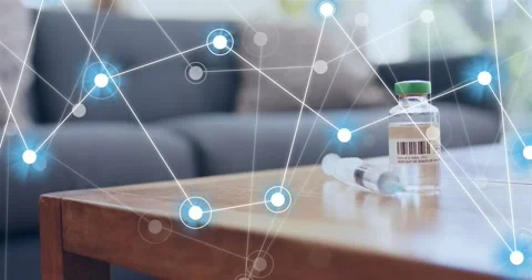 Initial glowing node spawning network mesh around medical vial and syringe, Stock Footage 319339961