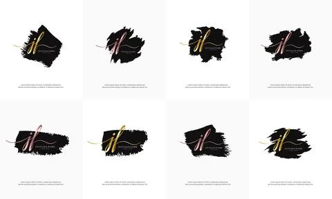 Initial gold letter JF J F handwriting logo set design template on black brus Stock Illustration
