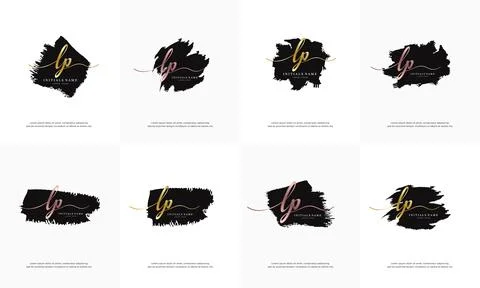 Initial gold letter LP L P handwriting logo set design template on black brus Stock Illustration