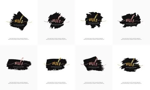 Initial gold letter MH M H handwriting logo set design template on black brus Stock Illustration