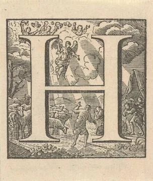 Initial H with the proclamation to the shepherds. The initial H with the p... 스톡 사진