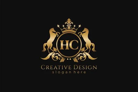 Initial HC Retro golden crest with circle and two horses, badge template wi.. Stock Illustration