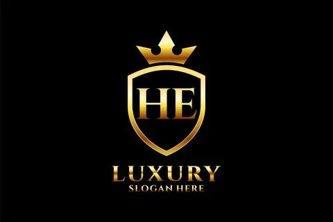 Initial HE elegant luxury monogram logo or badge template with scrolls and .. Stock Illustration