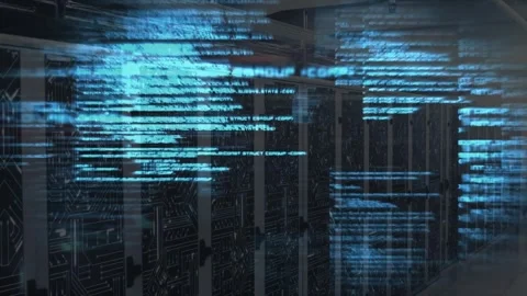 Initial holographic code fragments activating then streaming across racks Stock Footage 317593170