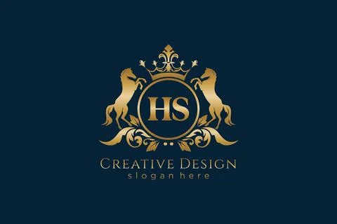 Initial HS Retro golden crest with circle and two horses, badge template wi.. Stock Illustration