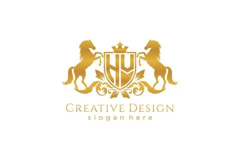 Initial HV Retro golden crest with shield and two horses, badge template wi.. Stock Illustration