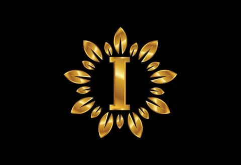 Initial I monogram letter alphabet with golden leaf wreath.Flower logo desi.. Stock Illustration