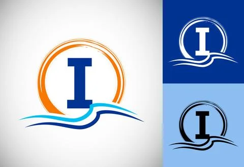 Initial I monogram letter with water ocean waves and the sun. Beach logo de.. イラスト素材