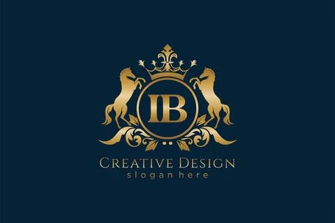 Initial IB Retro golden crest with circle and two horses, badge template wi.. Stock Illustration