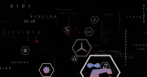 Initial icons appearing hex icons drifting, scaling while code and numbers 動画素材 333904451
