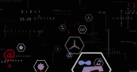 Initial icons appearing hex icons drifting, scaling while code and numbers Stock Illustration