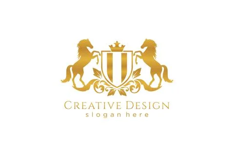 Initial II Retro golden crest with shield and two horses, badge template wi.. Stock Illustration