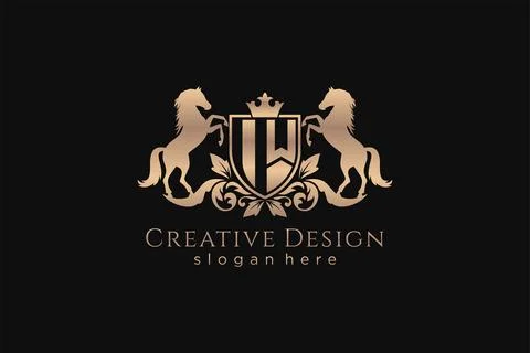 Initial IW Retro golden crest with shield and two horses, badge template wi.. Illustrazione stock