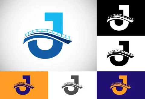 Initial J monogram letter alphabet with bridge sign. Abstract bridge logo d.. Ilustración de archivo