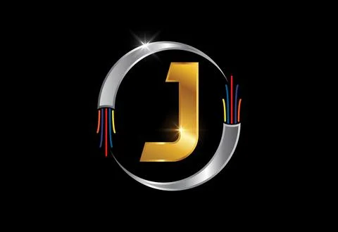 Initial J monogram letter alphabet with electric wire, optical fiber cable... Stock Illustration