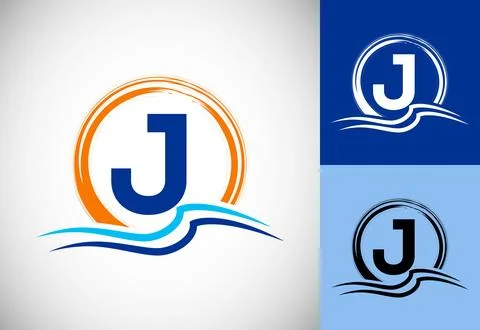 Initial J monogram letter with water ocean waves and the sun. Beach logo de.. Stock Illustration