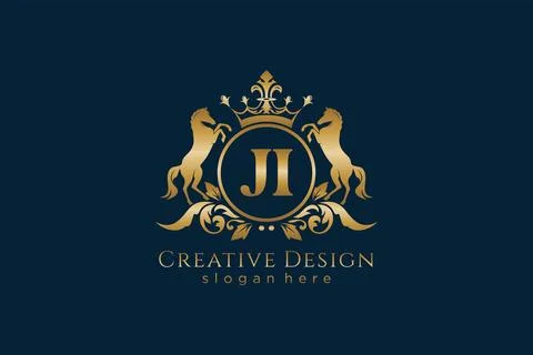 Initial JI Retro golden crest with circle and two horses, badge template wi.. Stock Illustration