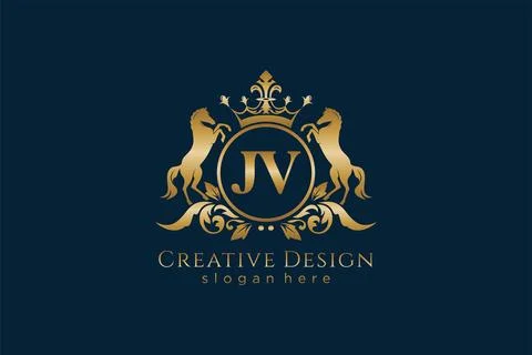 Initial JV Retro golden crest with circle and two horses, badge template wi.. Stock Illustration