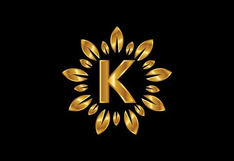 Initial K monogram letter alphabet with golden leaf wreath.Flower logo desi.. Stock Illustration