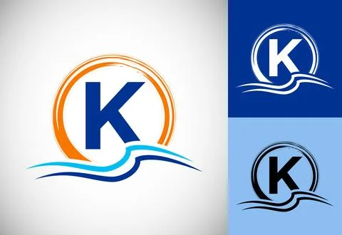 Initial K monogram letter with water ocean waves and the sun. Beach logo de.. Illustrazione stock