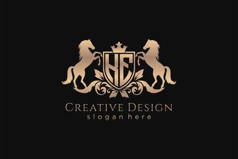 Initial KE Retro golden crest with shield and two horses, badge template wi.. Stock Illustration