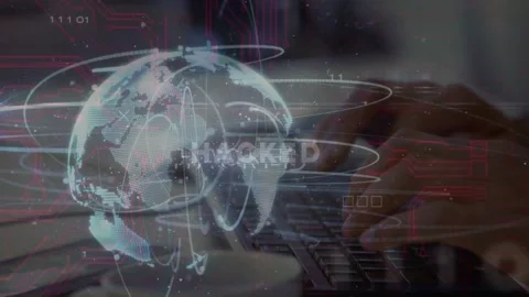 Initial keystroke starting holo globe while hands typing and HACKED text Stock Footage 333704917