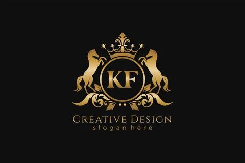 Initial KF Retro golden crest with circle and two horses, badge template wi.. Stock Illustration