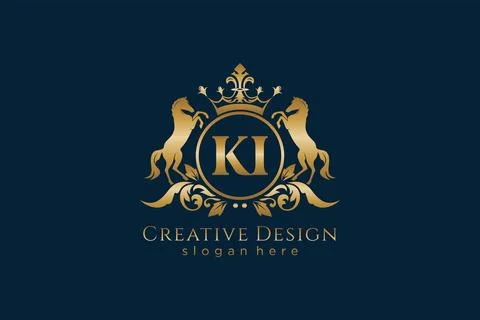 Initial KI Retro golden crest with circle and two horses, badge template wi.. Stock Illustration