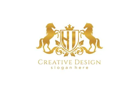 Initial KI Retro golden crest with shield and two horses, badge template wi.. Stock Illustration