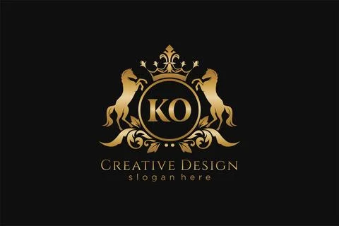 Initial KO Retro golden crest with circle and two horses, badge template wi.. Stock Illustration