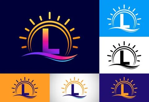 Initial L monogram alphabet with abstract sun and wave. Ocean sun logo desi.. Stockillustratie
