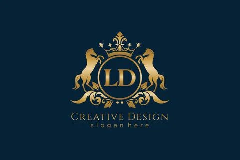 Initial LD Retro golden crest with circle and two horses, badge template wi.. Illustrazione stock