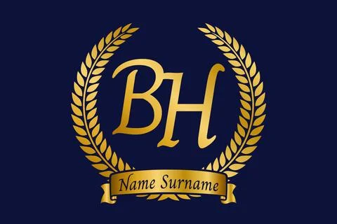Initial letter B and H, BH monogram logo design with laurel wreath. Luxury .. Stock Illustration