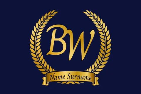 Initial letter B and W, BW monogram logo design with laurel wreath. Luxury .. Stock Illustration