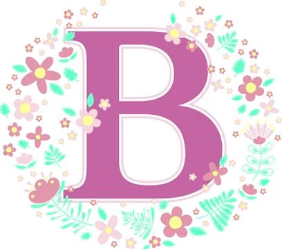 Initial letter b with decorative flowers and design elements isolated on whit Stock Illustration