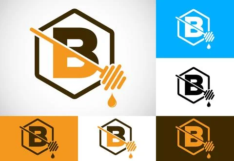 Initial letter B with honeycomb bees logo design vector illustration. Honey.. Stock Illustration