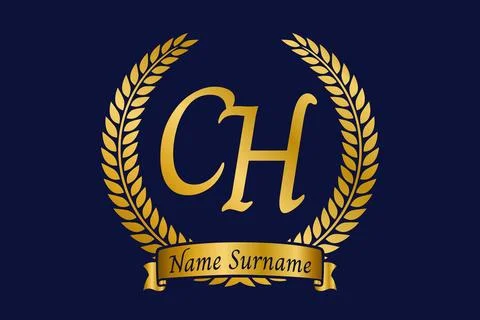 Initial letter C and H, CH monogram logo design with laurel wreath. Luxury .. Ilustração Stock