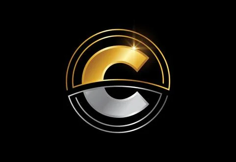 Initial letter C with circle frame. Golden and silver color alphabet symbol.. Stock Illustration